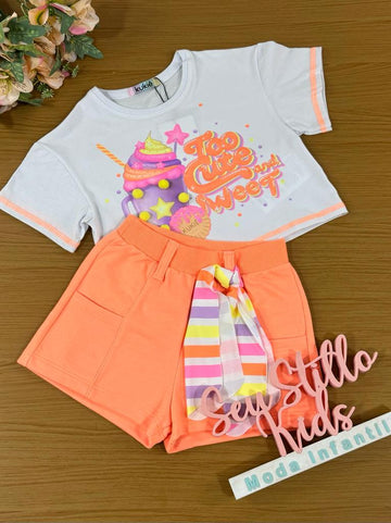 Conjunto Infantil Kukie Verão Com Shorts e Blusa Milk Shake Laranja