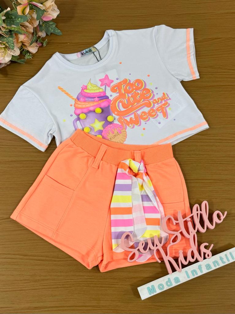 Conjunto Infantil Kukie Verão Com Shorts e Blusa Milk Shake Laranja