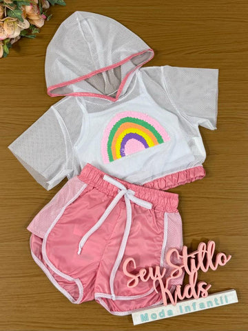 Conjunto Infantil Kukie Verão Com Shorts Blusa Boxy Em Tela e Top Arco-íris Rosa