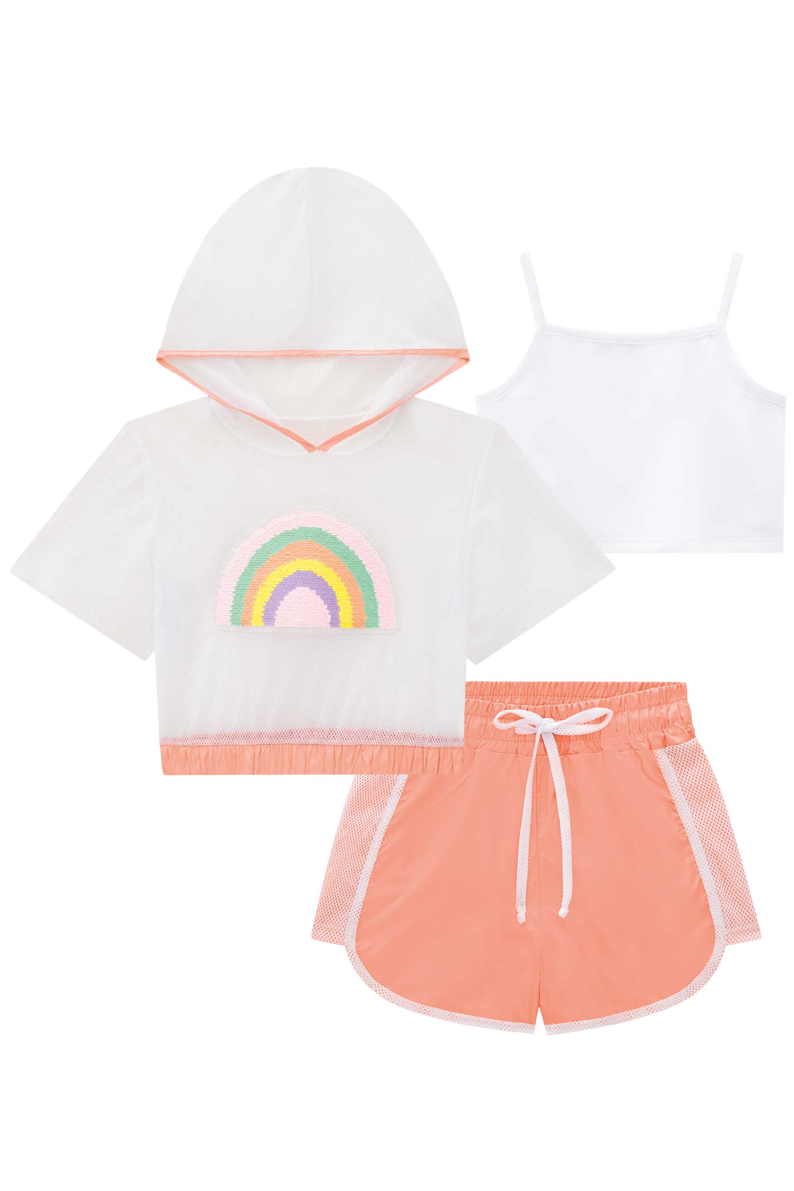 Conjunto Infantil Kukie Verão Com Shorts Blusa Boxy Em Tela e Top Arco-íris Rosa