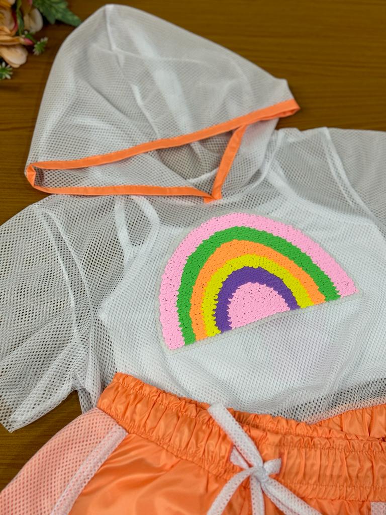 Conjunto Infantil Kukie Verão Com Shorts Blusa Boxy Em Tela e Top Arco-íris Laranja