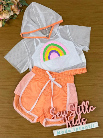Conjunto Infantil Kukie Verão Com Shorts Blusa Boxy Em Tela e Top Arco-íris Laranja