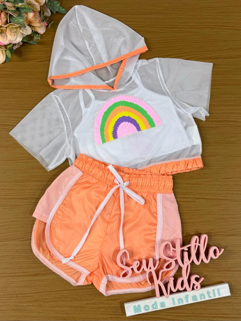 Conjunto Infantil Kukie Verão Com Shorts Blusa Boxy Em Tela e Top Arco-íris Laranja