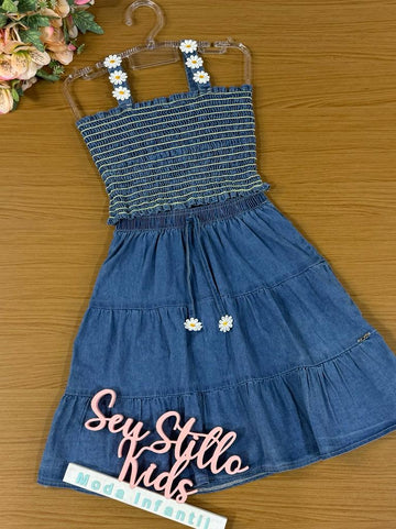 Conjunto Infantil Kukie Verão Com Saia Jeans e Top Margarida