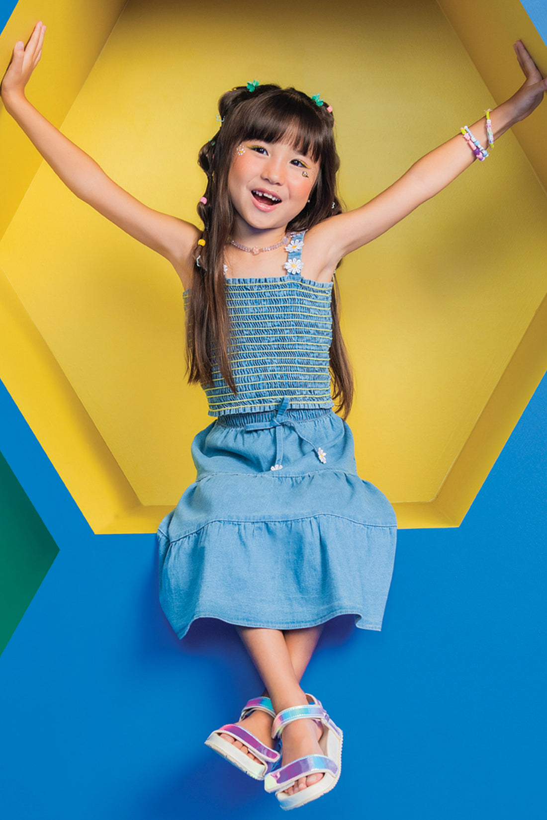 Conjunto Infantil Kukie Verão Com Saia Jeans e Top Margarida