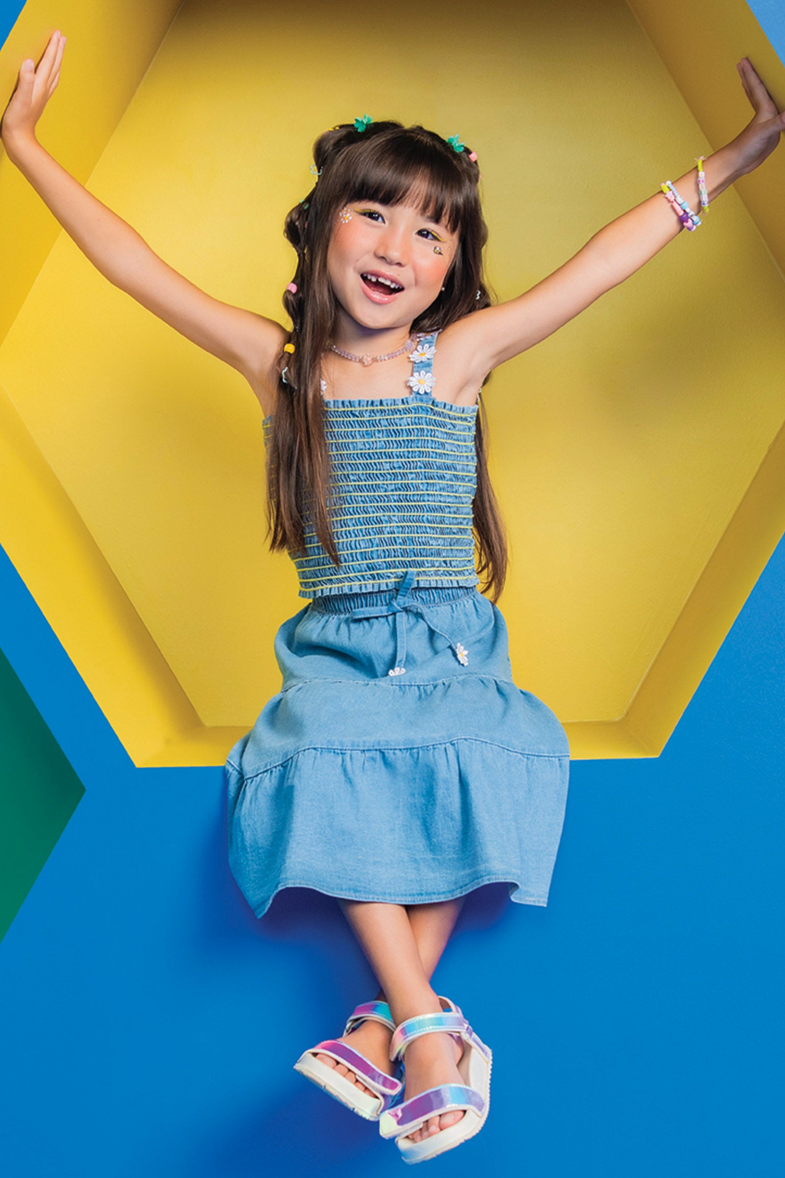 Conjunto Infantil Kukie Verão Com Saia Jeans e Top Margarida