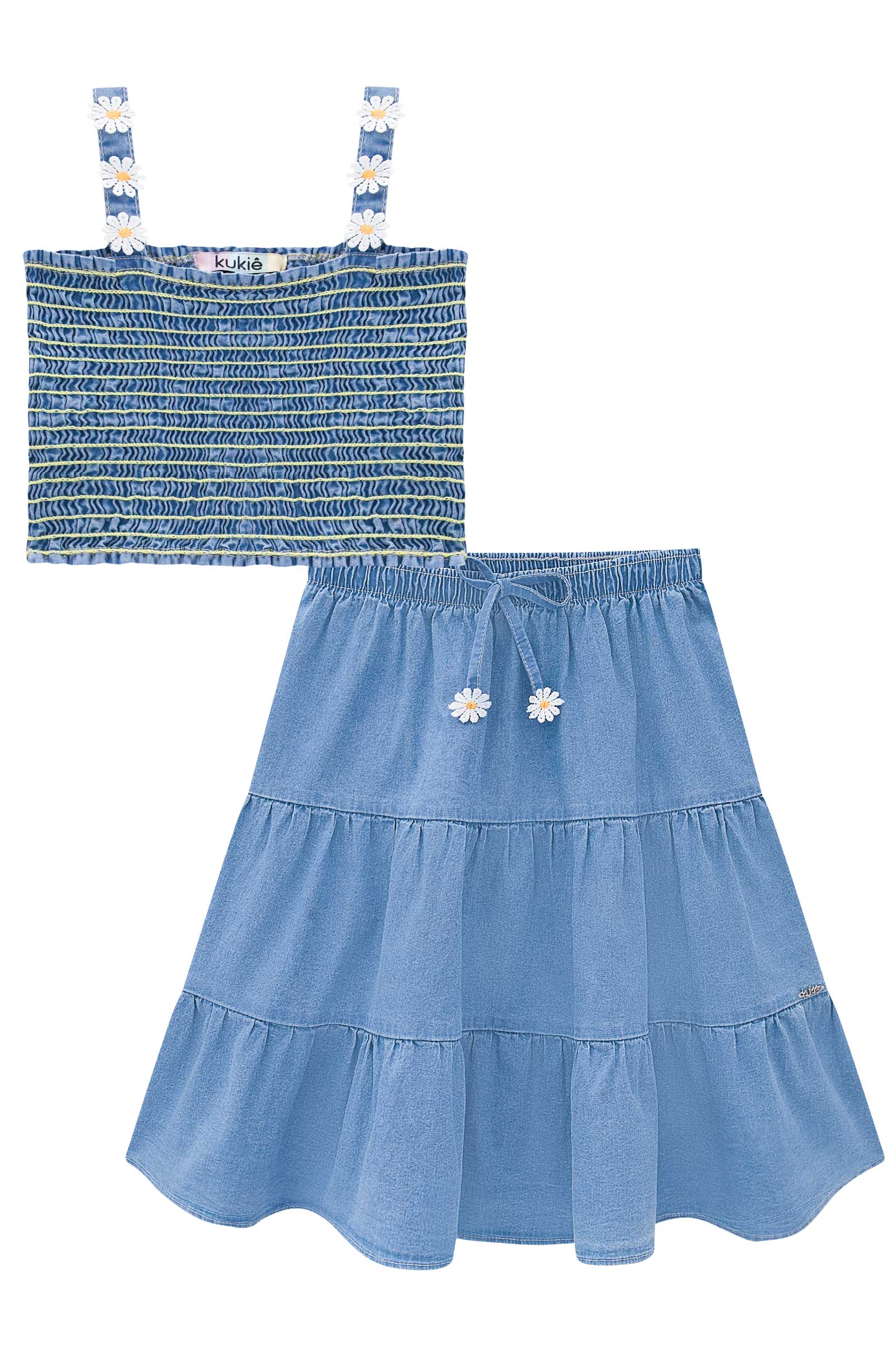 Conjunto Infantil Kukie Verão Com Saia Jeans e Top Margarida