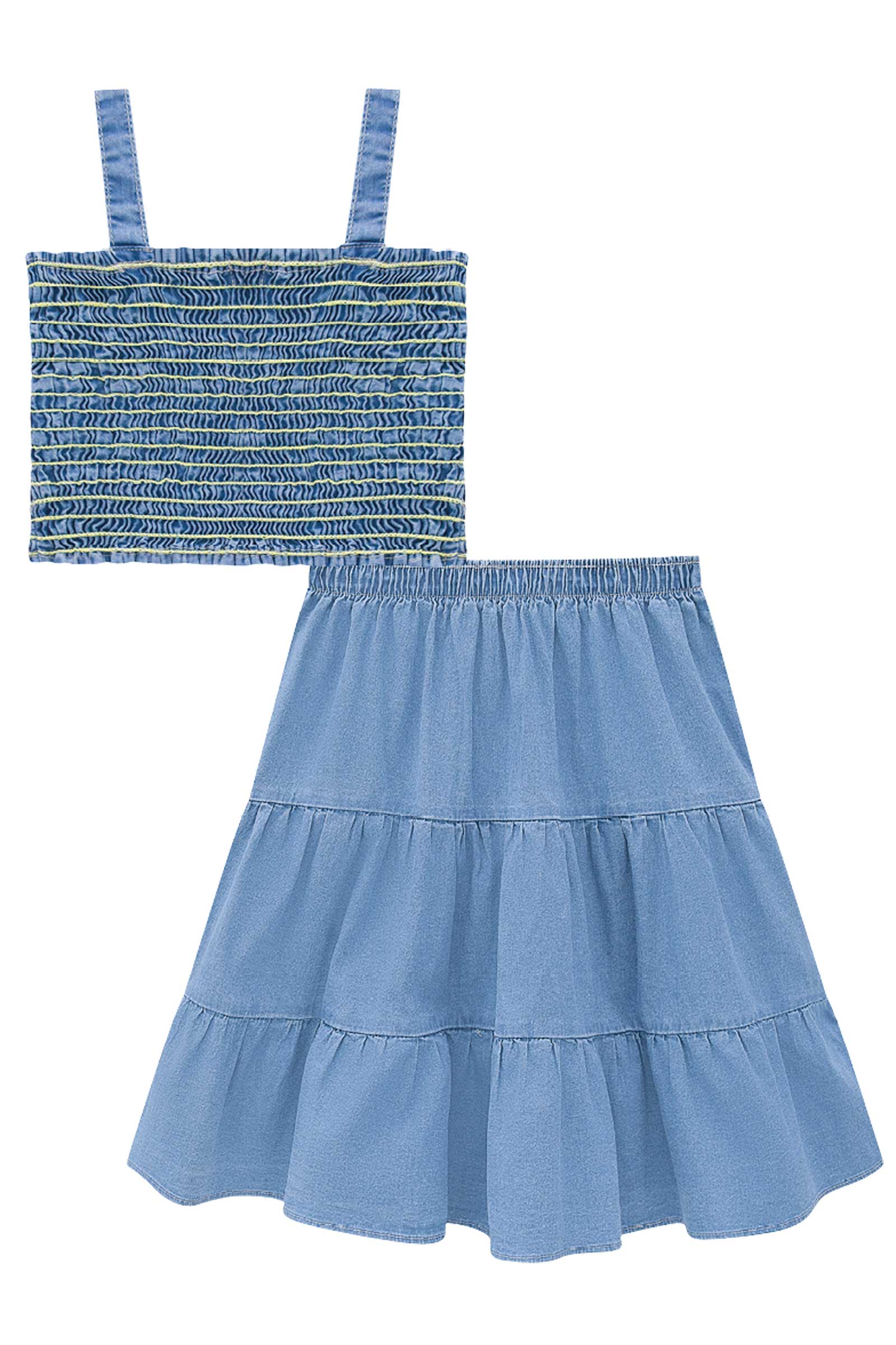Conjunto Infantil Kukie Verão Com Saia Jeans e Top Margarida