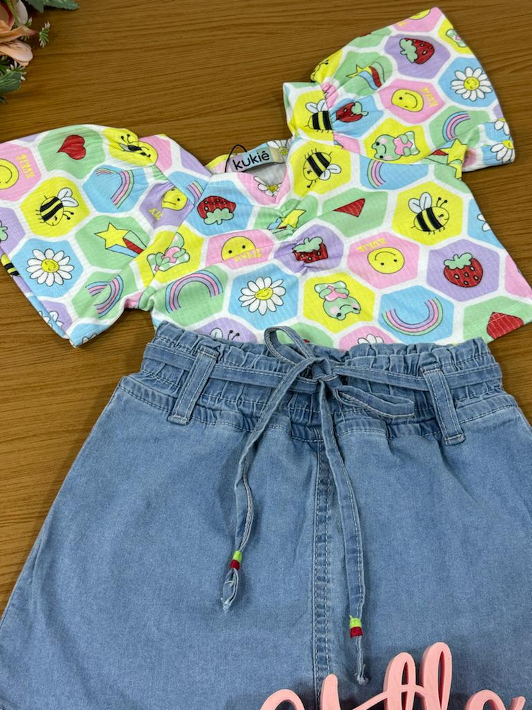 Conjunto Infantil Kukie Verão Com Shorts Saia e Blusa Diversão