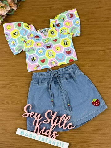 Conjunto Infantil Kukie Verão Com Shorts Saia e Blusa Diversão
