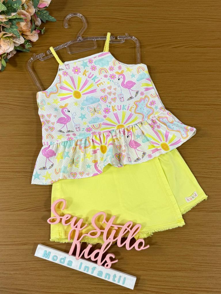 Conjunto Infantil Kukie Verão Com Shorts Saia e Blusa Flamingo