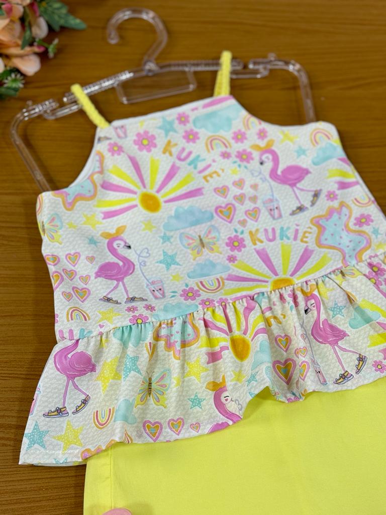 Conjunto Infantil Kukie Verão Com Shorts Saia e Blusa Flamingo