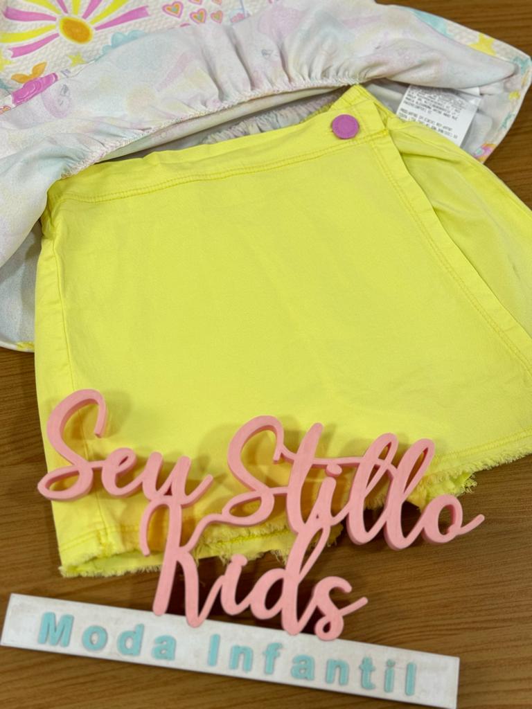 Conjunto Infantil Kukie Verão Com Shorts Saia e Blusa Flamingo