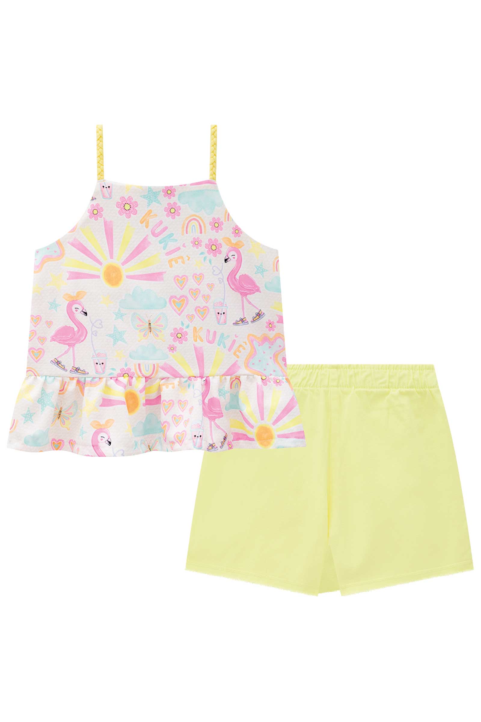 Conjunto Infantil Kukie Verão Com Shorts Saia e Blusa Flamingo