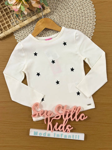 Blusa Infantil Cinti Inverno Manga Longa Branca Estrelinhas Preta