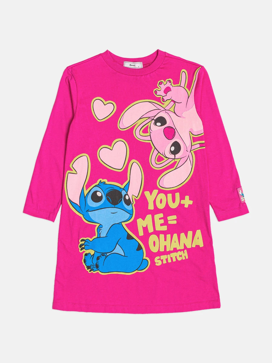 Vesdido Infantil Bimbi Inverno Manga Longa Rosa Escuro Stitch e Angel Love
