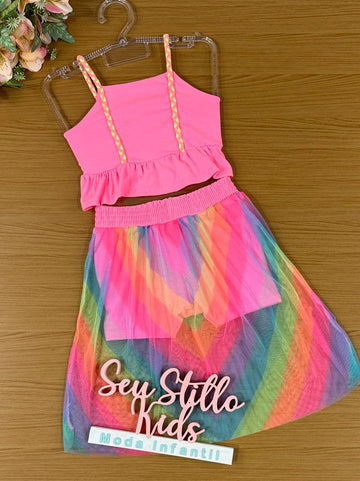 Conjunto Infantil Kukie Verão Com Saia em Tule Colorido Blusa Rosa Neon