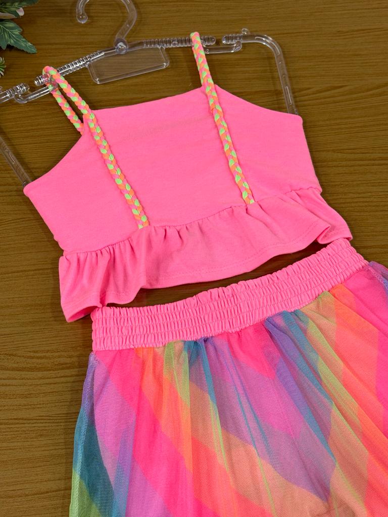 Conjunto Infantil Kukie Verão Com Saia em Tule Colorido Blusa Rosa Neon