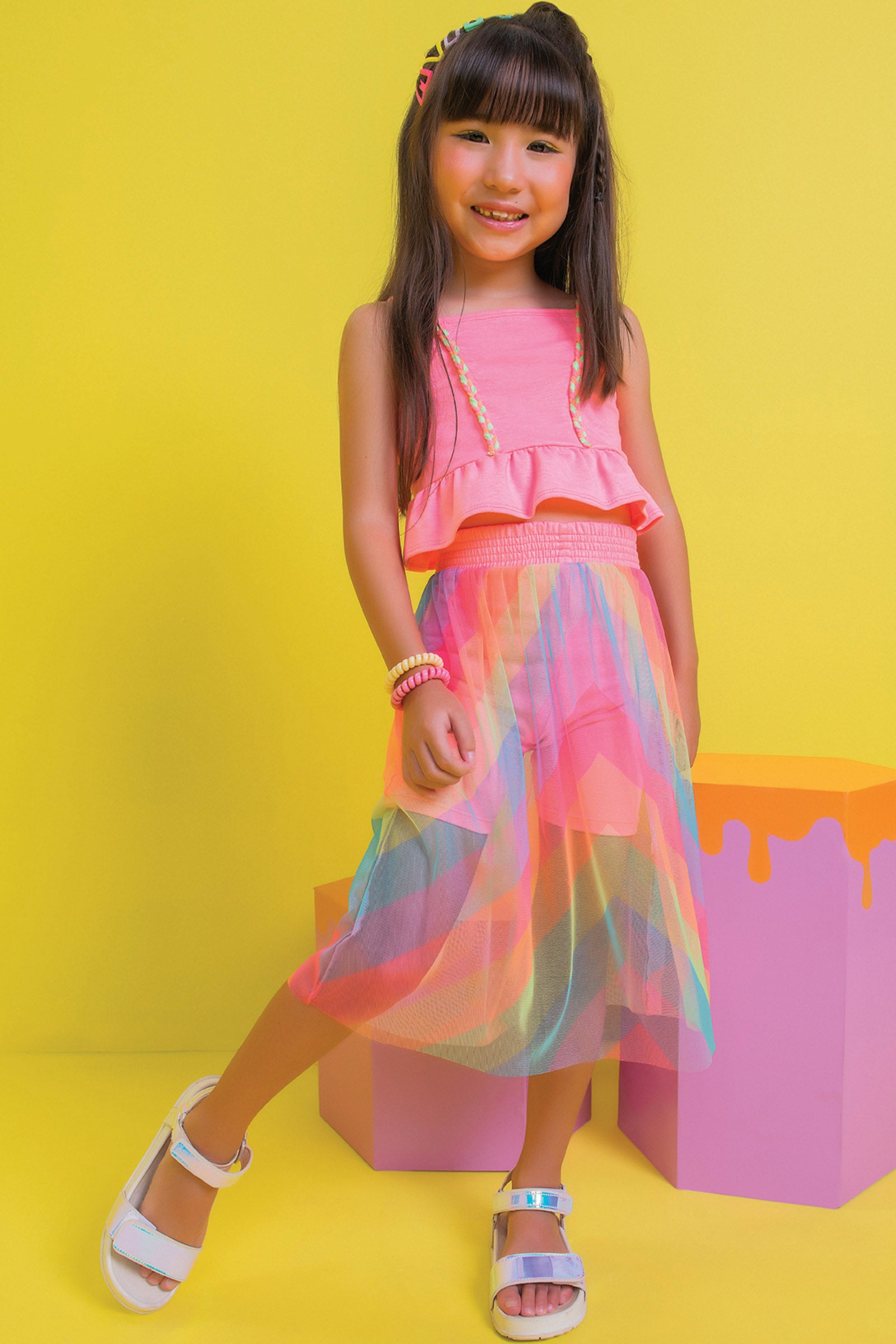 Conjunto Infantil Kukie Verão Com Saia em Tule Colorido Blusa Rosa Neon