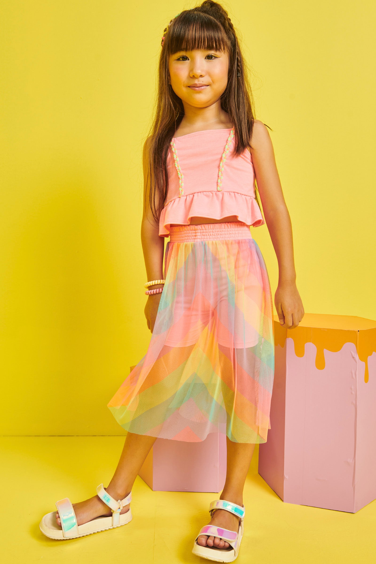 Conjunto Infantil Kukie Verão Com Saia em Tule Colorido Blusa Rosa Neon