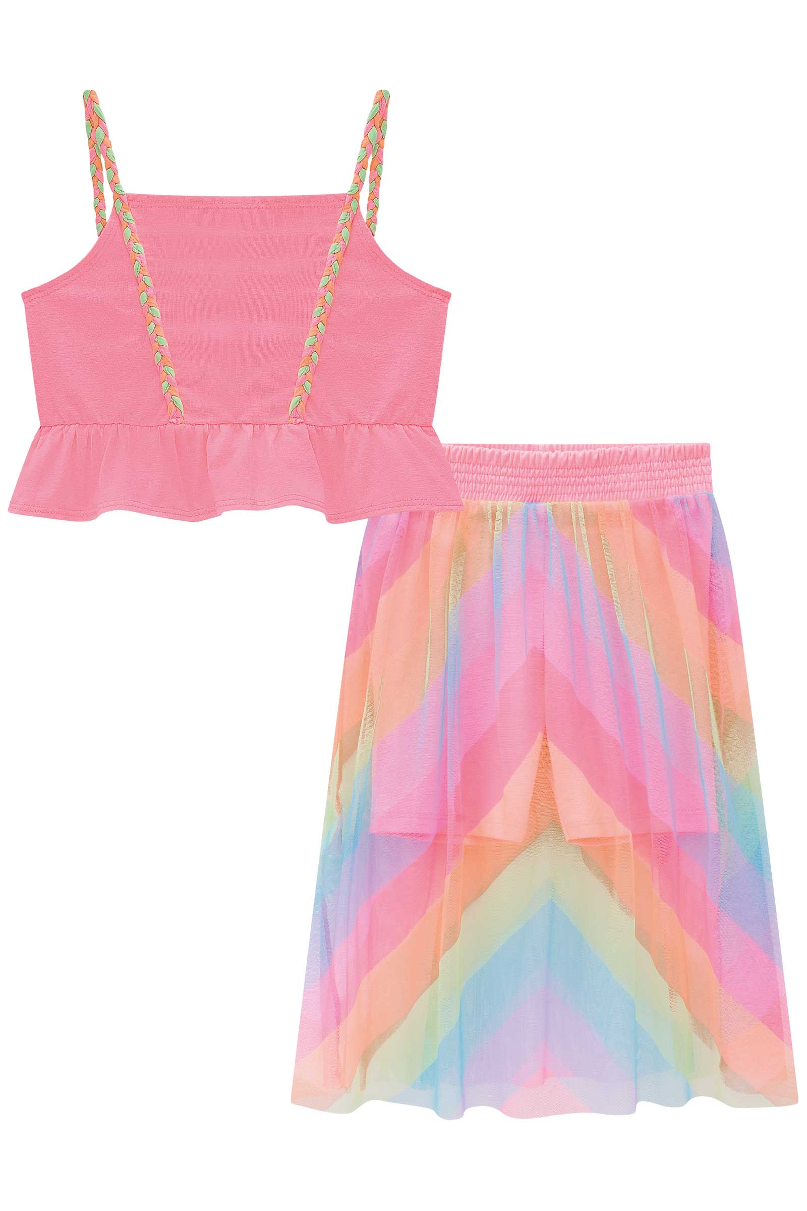 Conjunto Infantil Kukie Verão Com Saia em Tule Colorido Blusa Rosa Neon