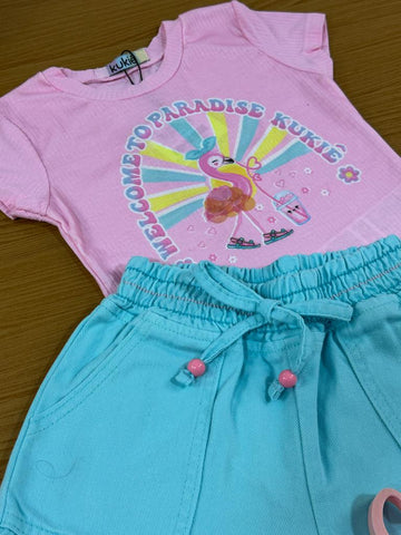 Conjunto Infantil Kukie Verão Com Shorts e Blusa Flamingo