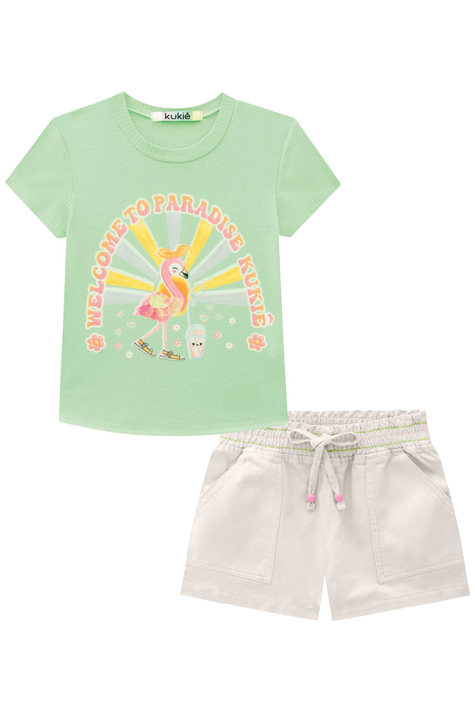 Conjunto Infantil Kukie Verão Com Shorts e Blusa Flamingo Verde