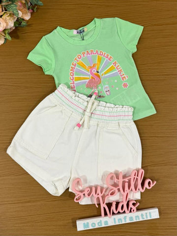 Conjunto Infantil Kukie Verão Com Shorts e Blusa Flamingo Verde