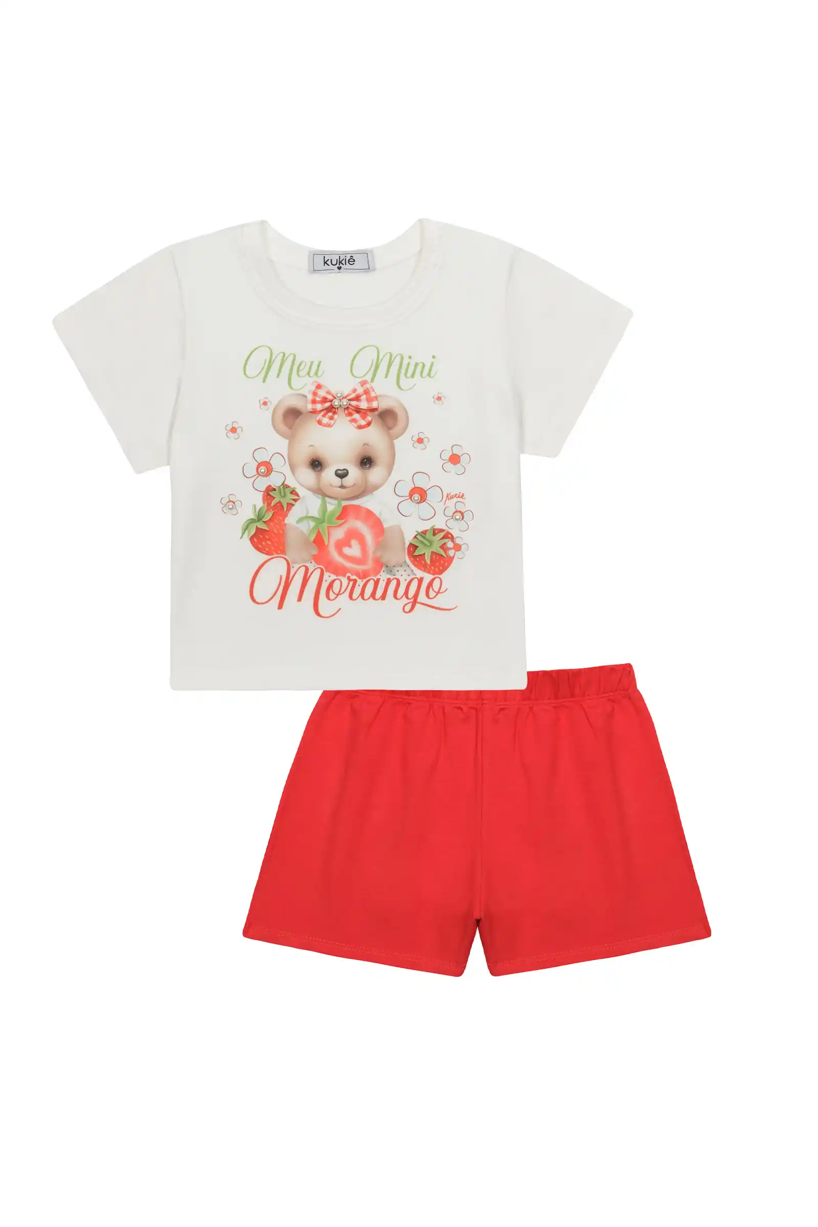 Conjunto Infantil Kukiê com Shorts Vermelho e Blusa Manga Curta Moranguinho