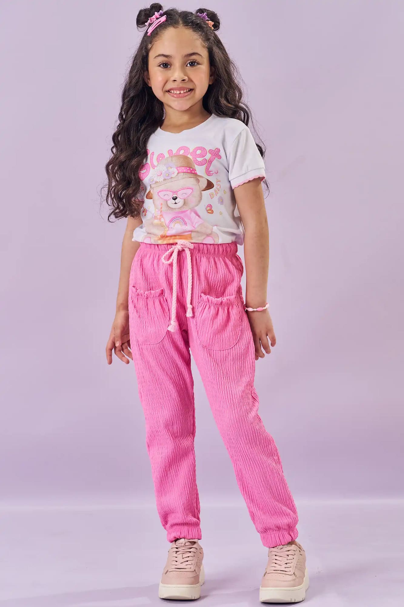 Conjunto Infantil Kukiê Verão com Calça Rosa e Blusa Branca Ursinha Sweet