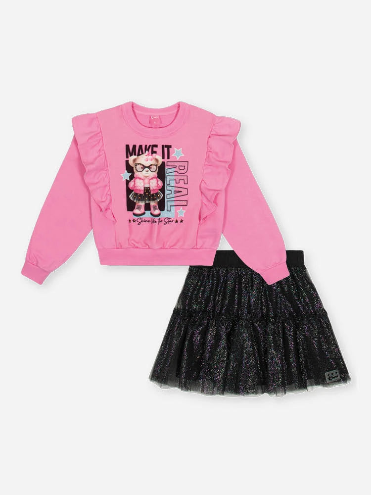 Conjunto Infantil Cinti Inverno com Saia em Tule Preta e Moletom sem Flanela Ursinha Fashion