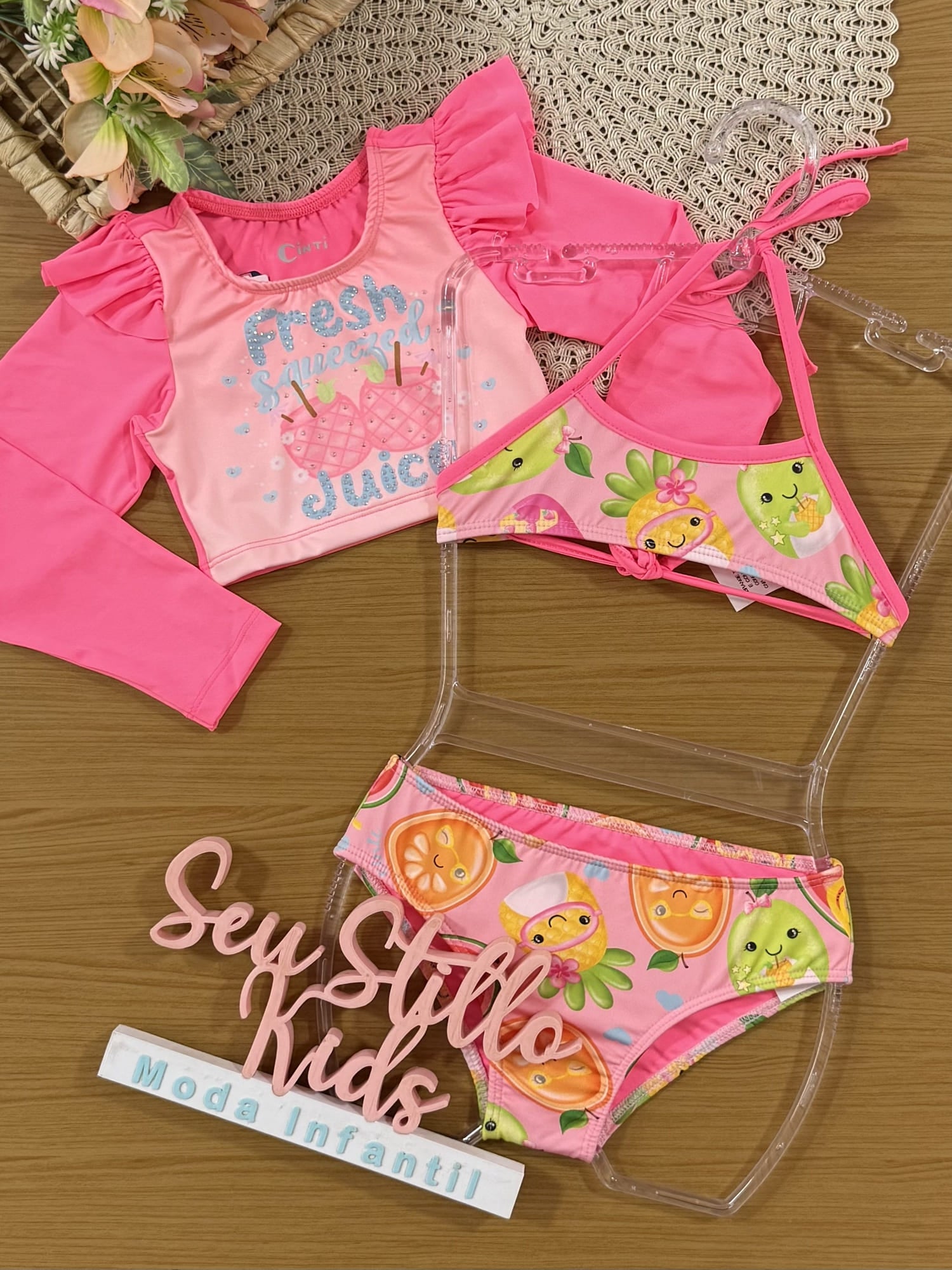 Biquíni Infantil Cinti Verão com Cropped  Manga Longa Rosa Neon Fresh