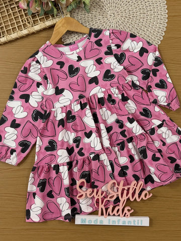 Vestido Infantil Cinti Inverno Manga Longa Rosa Corações