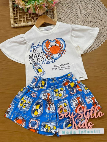 Conjunto Infantil Menina Momi com Shorts Azul e Blusa Siri Strass