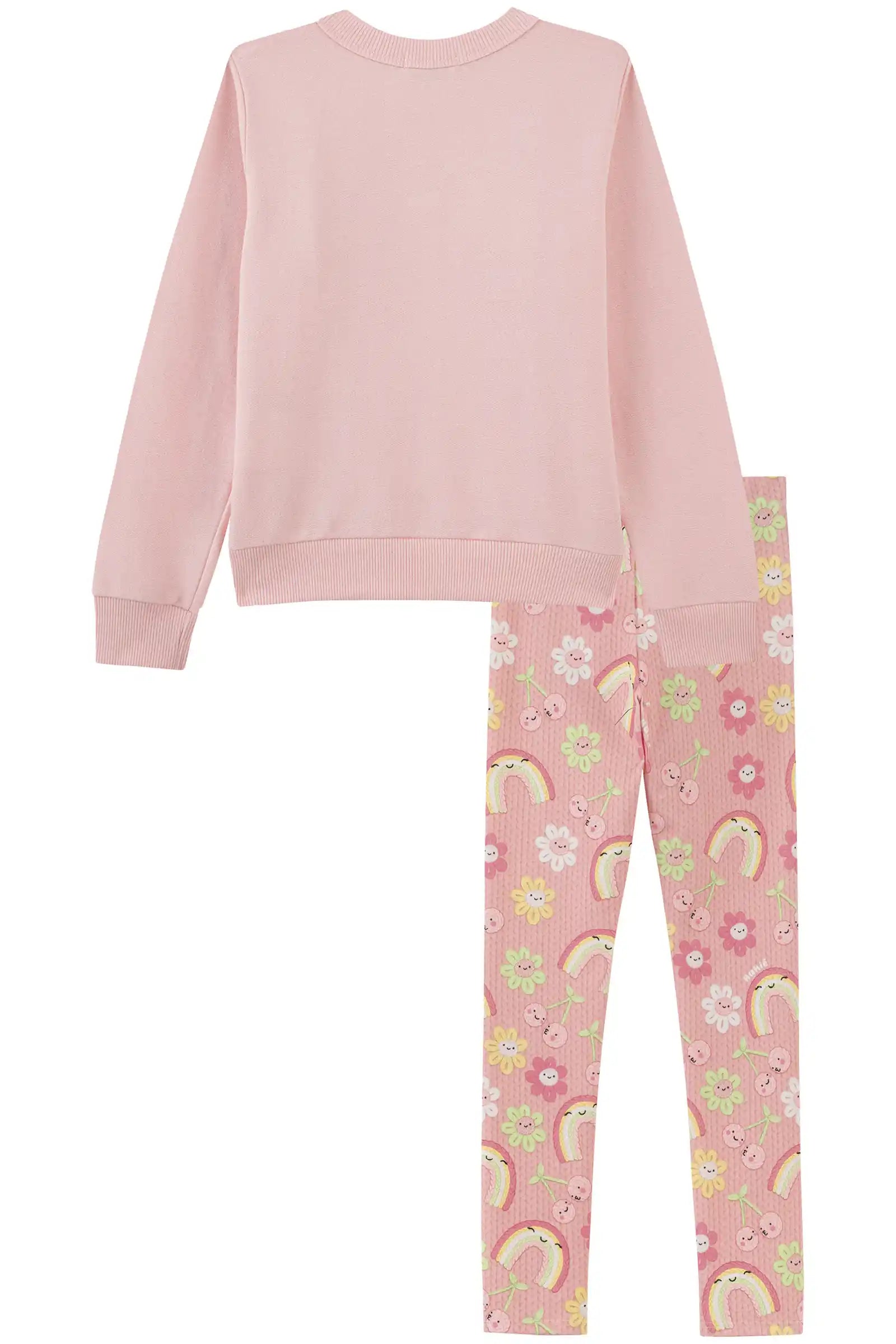 Conjunto Infantil Kukiê Inverno com Calça Legging e Moletom sem Flanela Rosa Florzinhas Coloridas