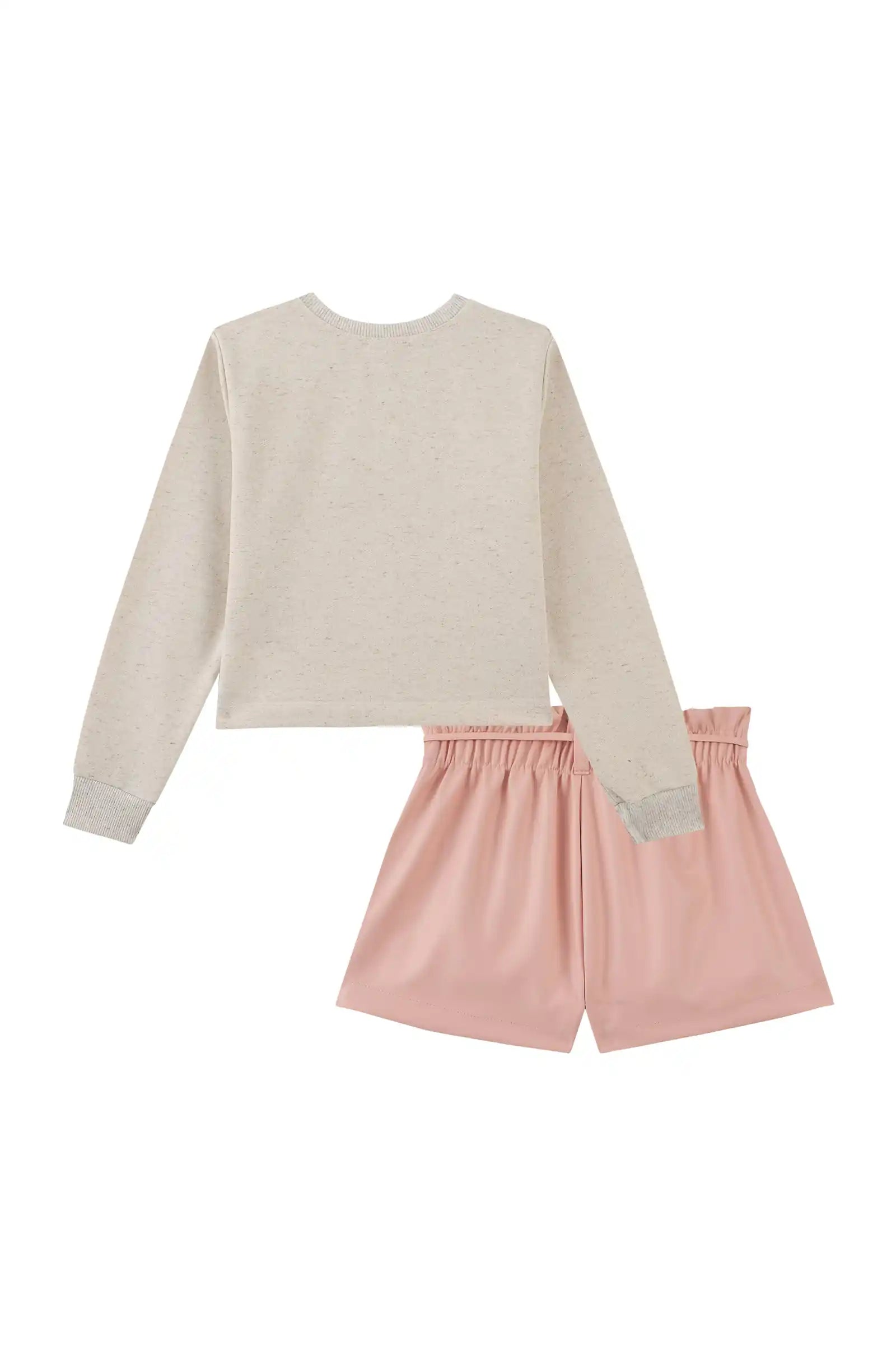 Conjunto Infantil Kukiê Inverno com Shorts Rosa e Moletom sem Flanela Gatinha com Strass