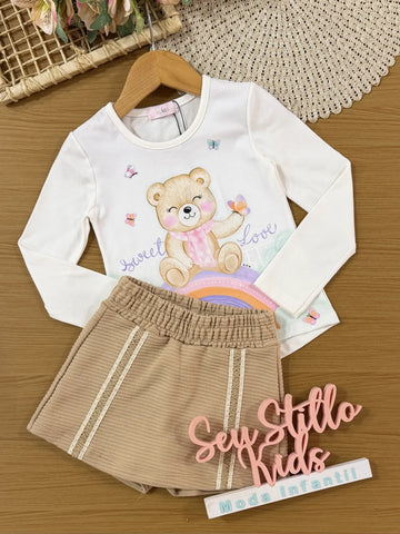 Conjunto Infantil Kukiê com Shorts Saia e Blusa Manga Longa Branca Sweet