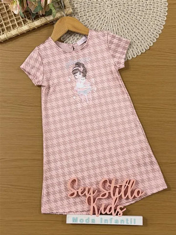 Vestido Infantil Kukie Pied-de-Poule Rosa