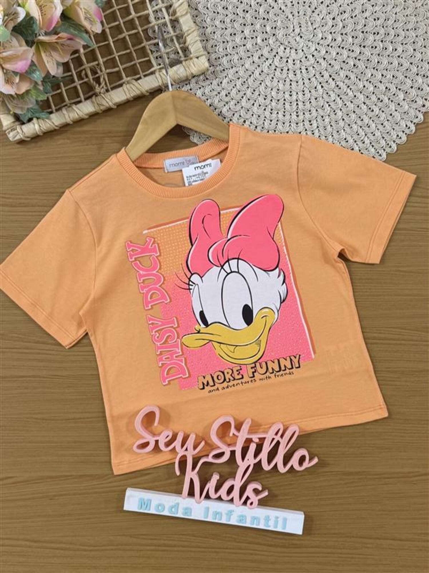 Blusa Infantil Momi Verão Laranja com Strass Daisy Duck Disney