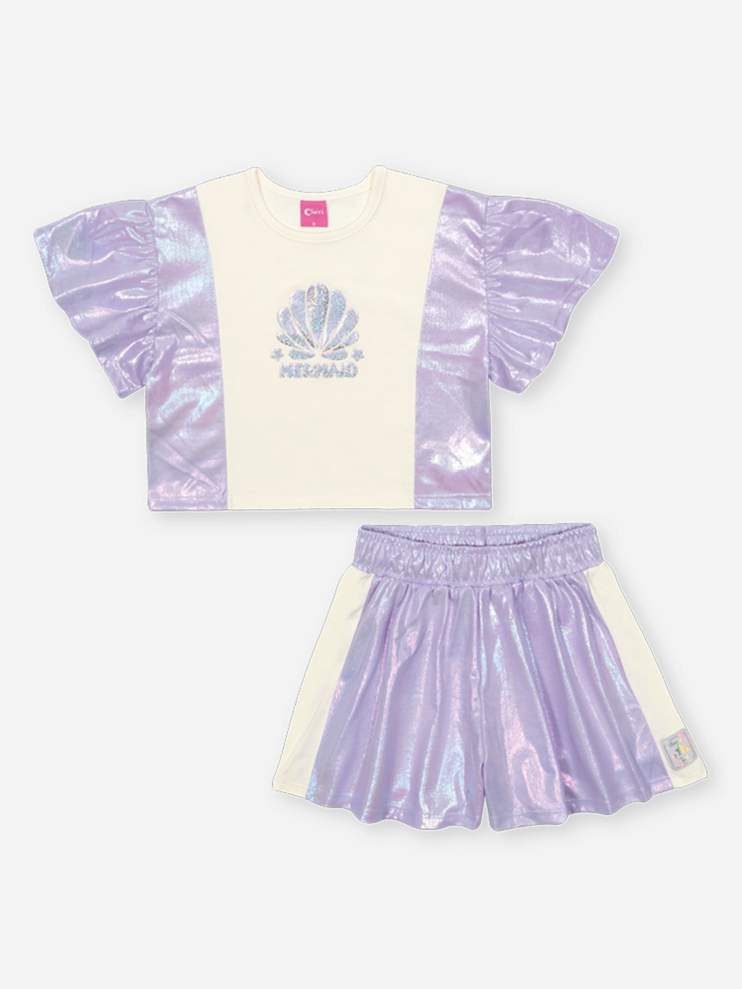 Conjunto Infantil Cinti Verão com Shorts Lilás e Blusa Branca Conchinha
