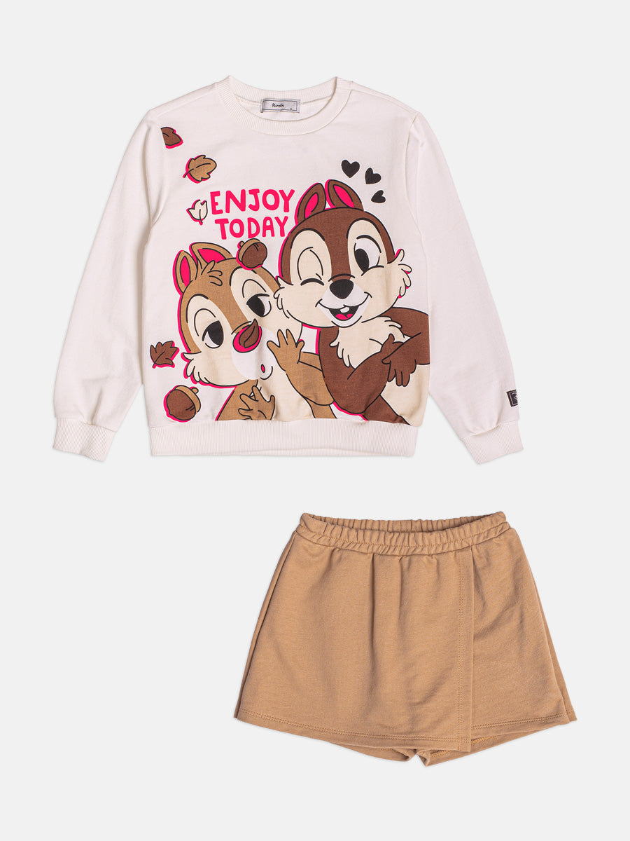 Conjunto Infantil Bimbi Inverno com Shorts Saia e Moletom sem Flanela Branco Tico e Teco Disney