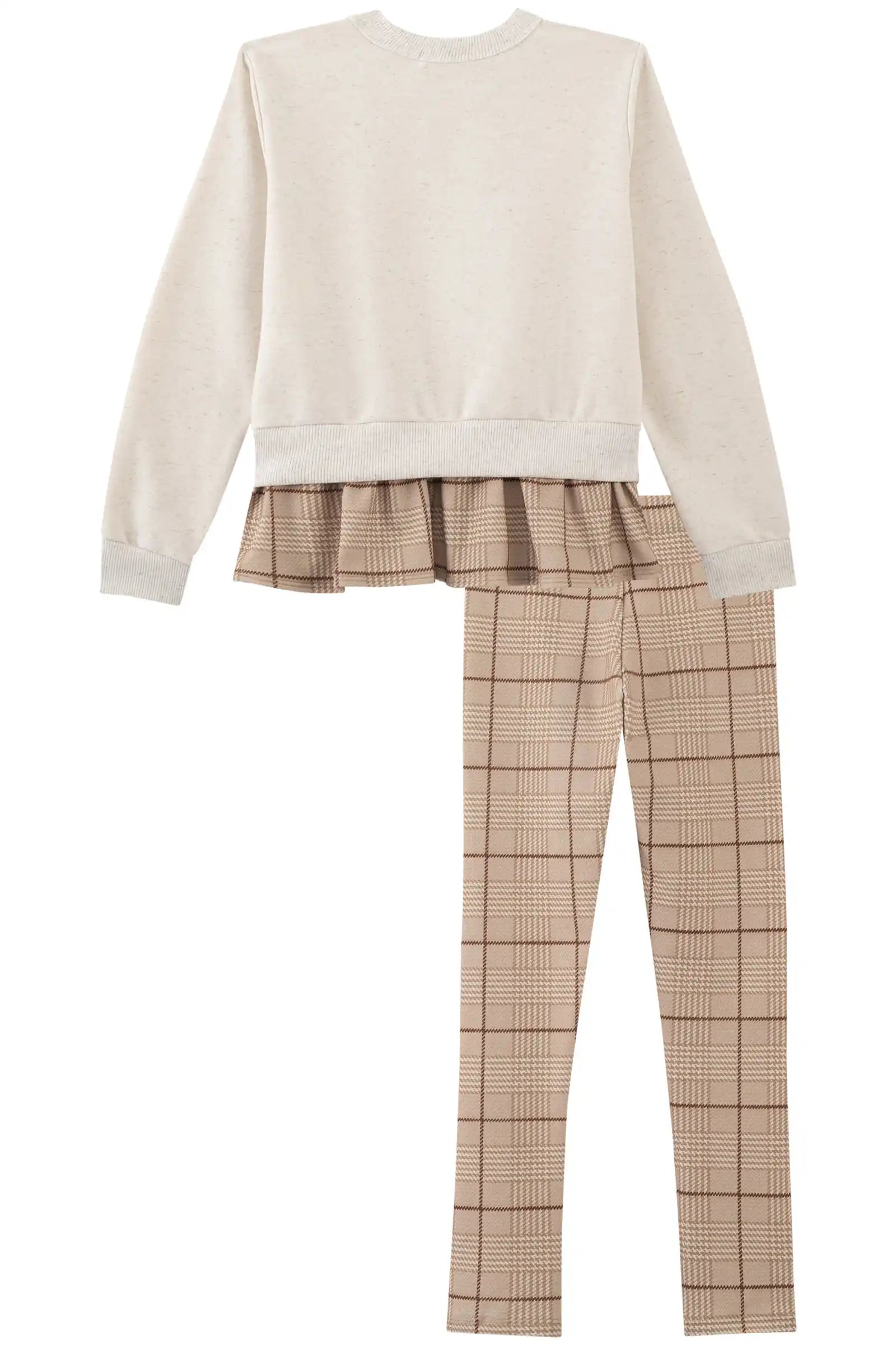 Conjunto Infantil Kukiê Inverno com Calça Legging Xadrez e Moletom sem Flanela Ursinho Lacinho