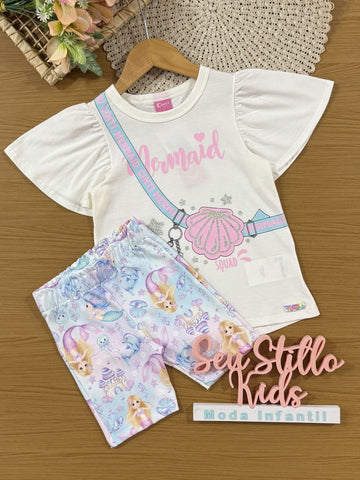 Conjunto Infantil Cinti Verão com Shorts Ciclista Azul e Blusa Branca Conchinha