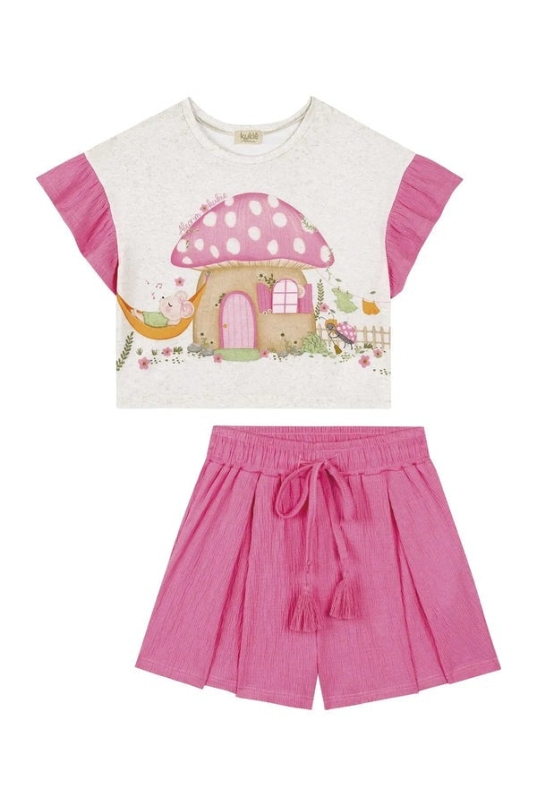 Conjunto Infantil Kukiê Verão com Shorts Rosa e Blusa Off White Casinha Cogumelo