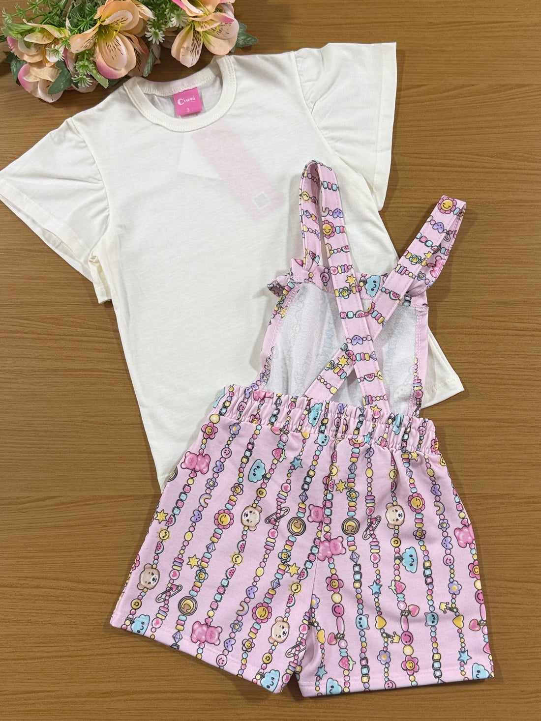 Jardineira Infantil Cinti Verão Rosa e Blusa Off White
