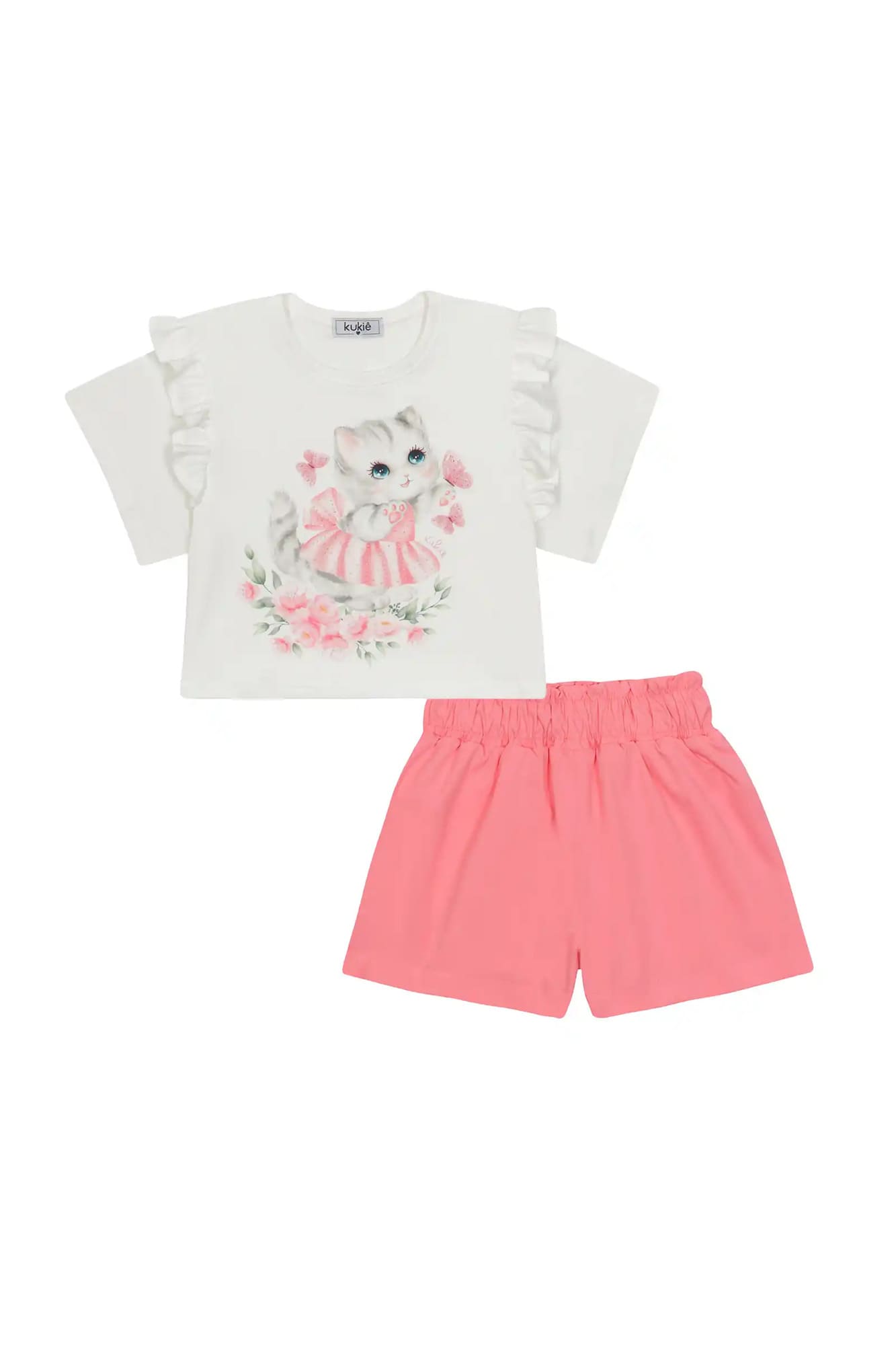 Conjunto Infantil Kukiê com Shorts Rosa e Blusa Manga Curta Gatinha com Strass