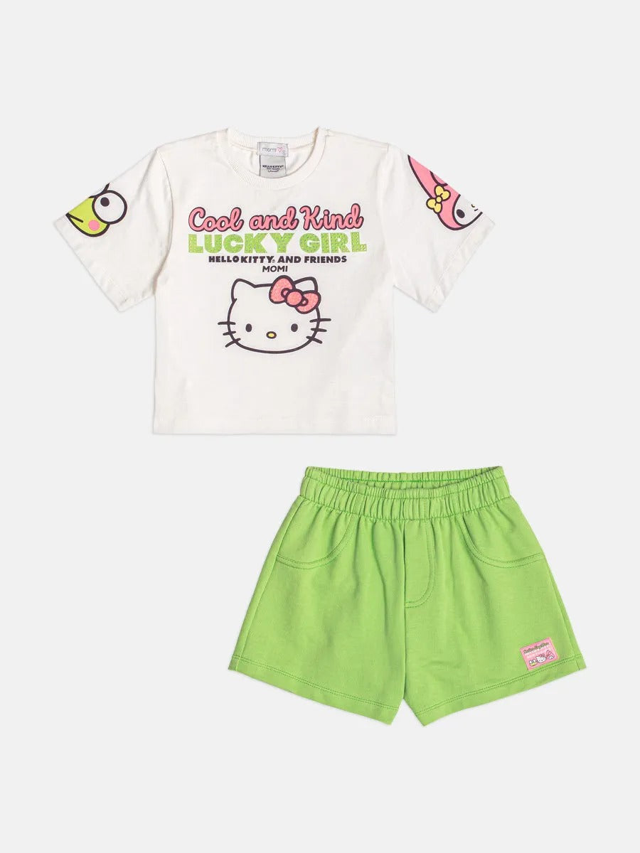 Conjunto Infantil Menina Momi com Shorts Verde e Blusa Branca Hello Kitty Strass