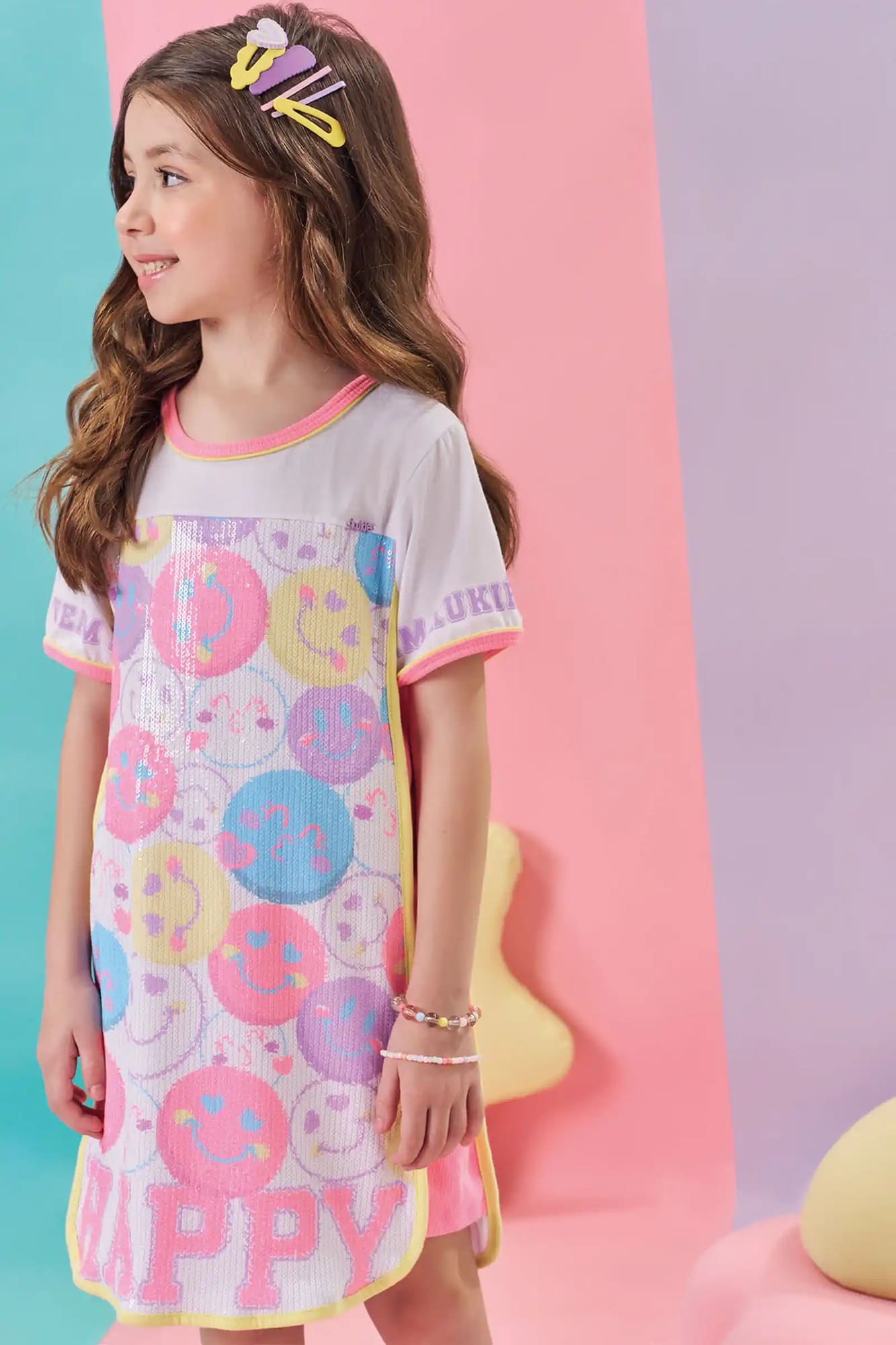 Vestido Infantil Kukiê Verão Branco Emojis em Paetê