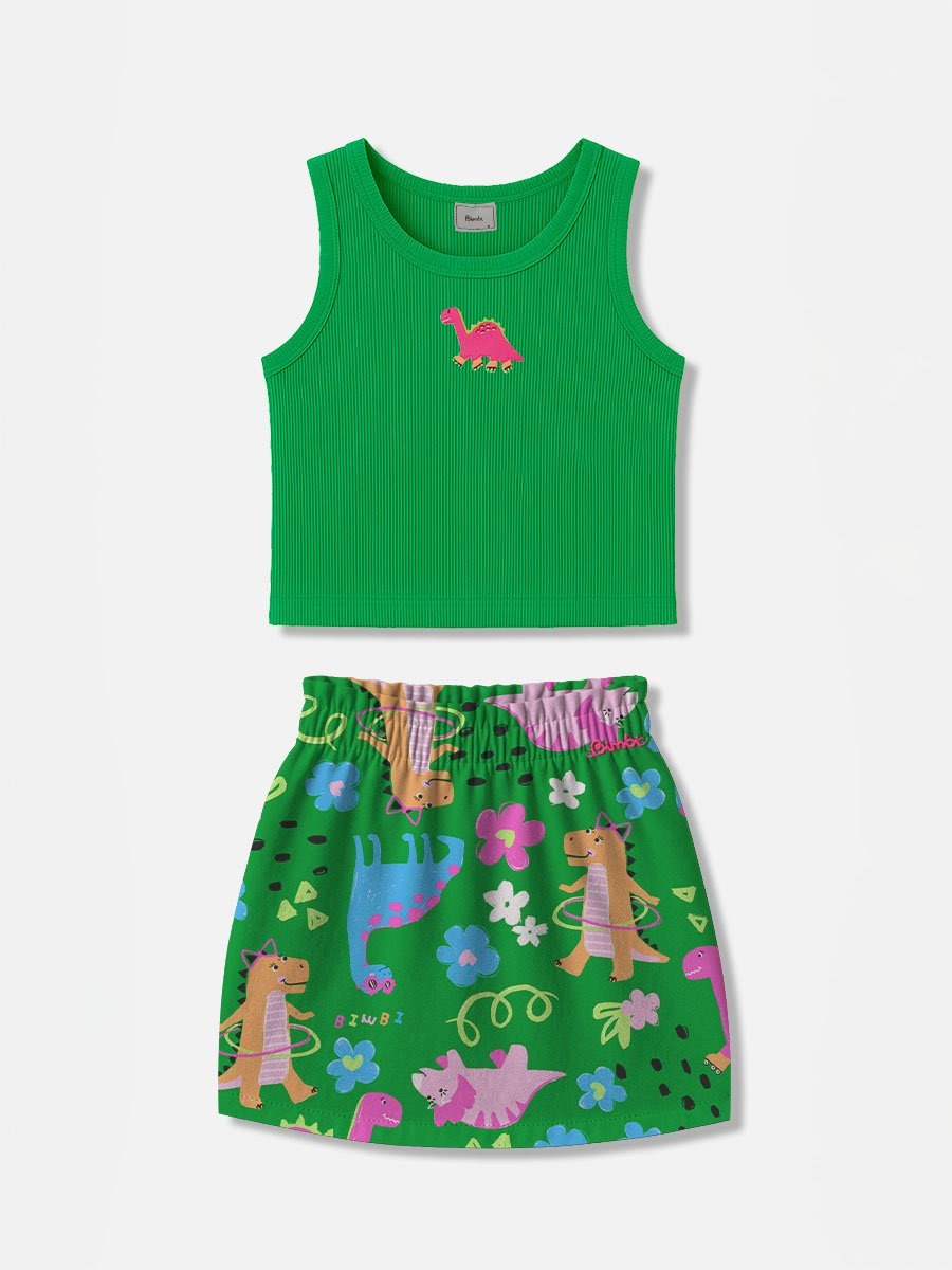 Conjunto Infantil Bimbi Verão com Saia e Regata Verde Dinos
