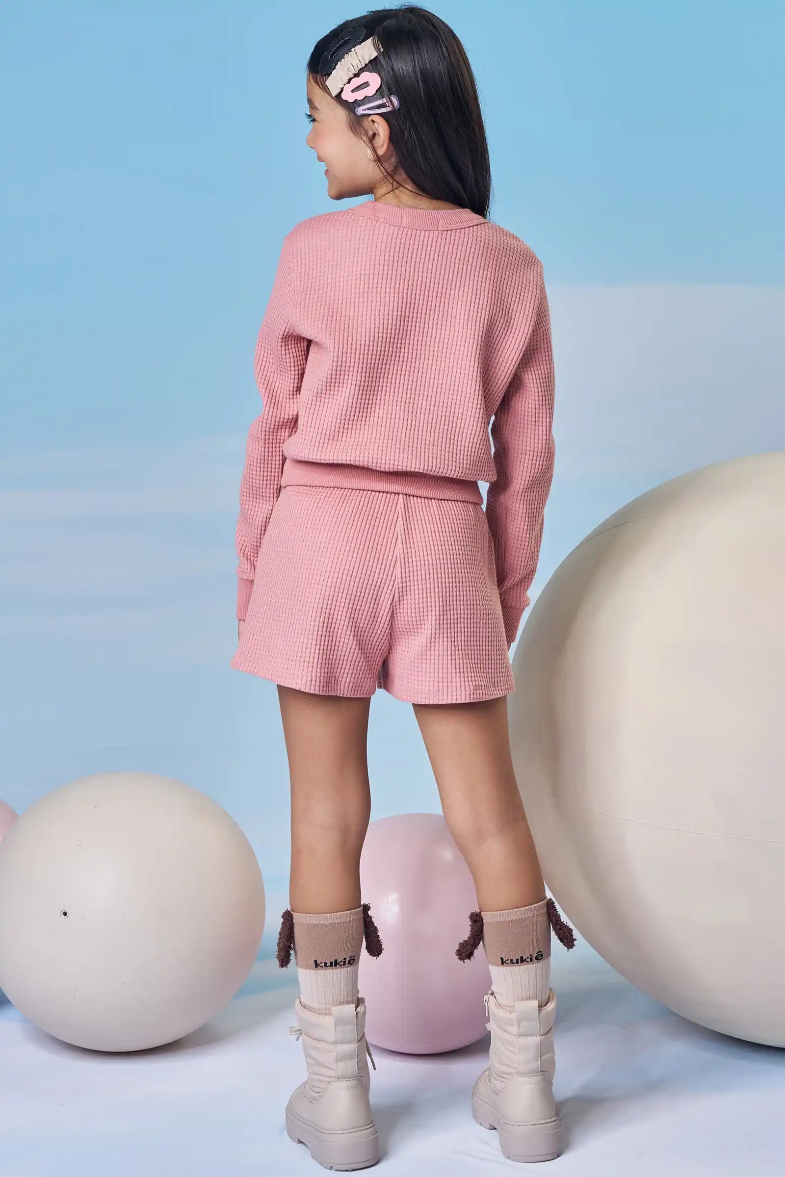 Conjunto Infantil Kukiê Inverno com Shorts e Moletom Rosa Flor